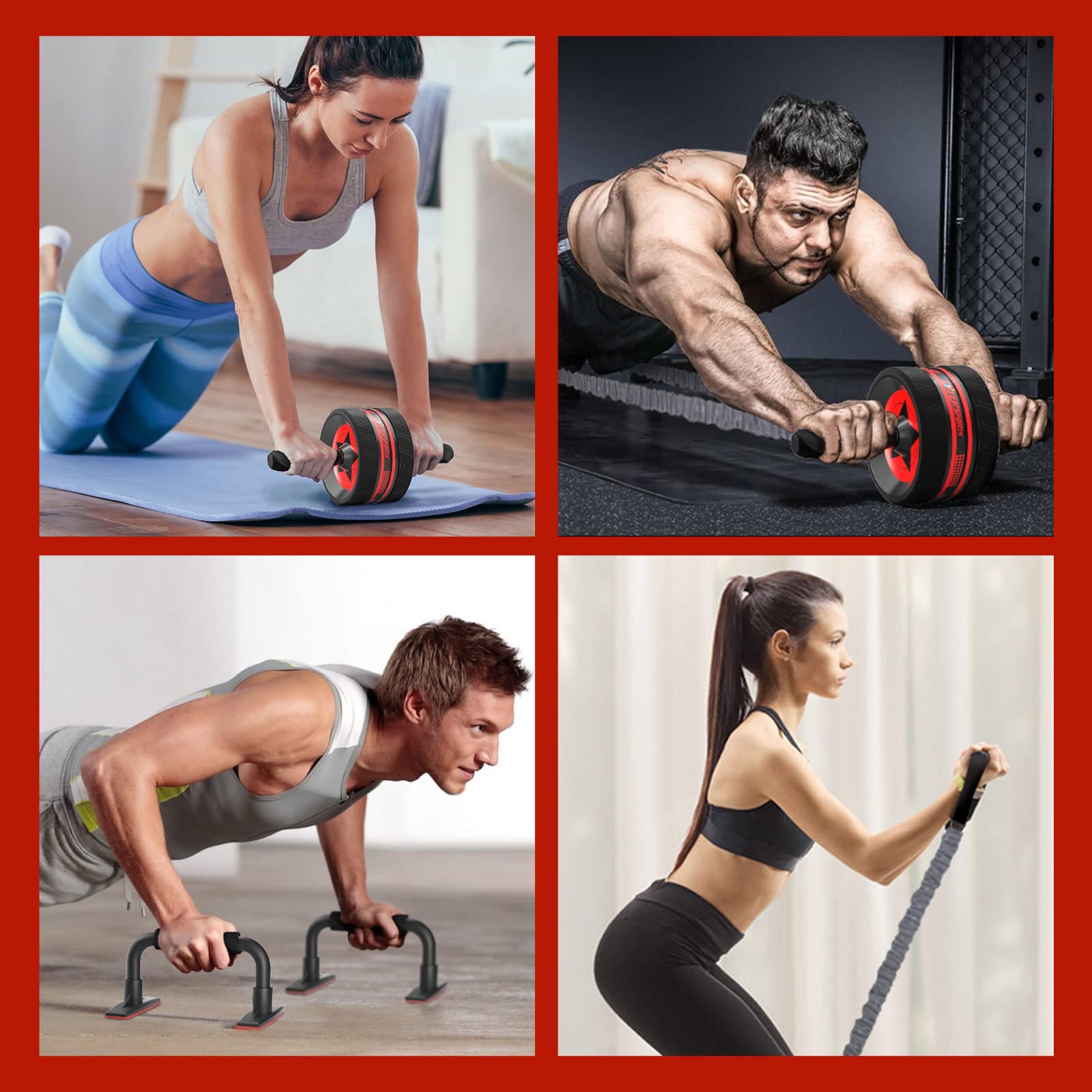 EnterSports Bauchroller Bauchmuskeltrainer, 6-in-1 Bauchtrainer mit Fitnessband, Liegestütze, Kniematte, Bauchtrainer für Zuhause,Fitness Geräte, Bauchmuskel roller, Gut für Heimtraining