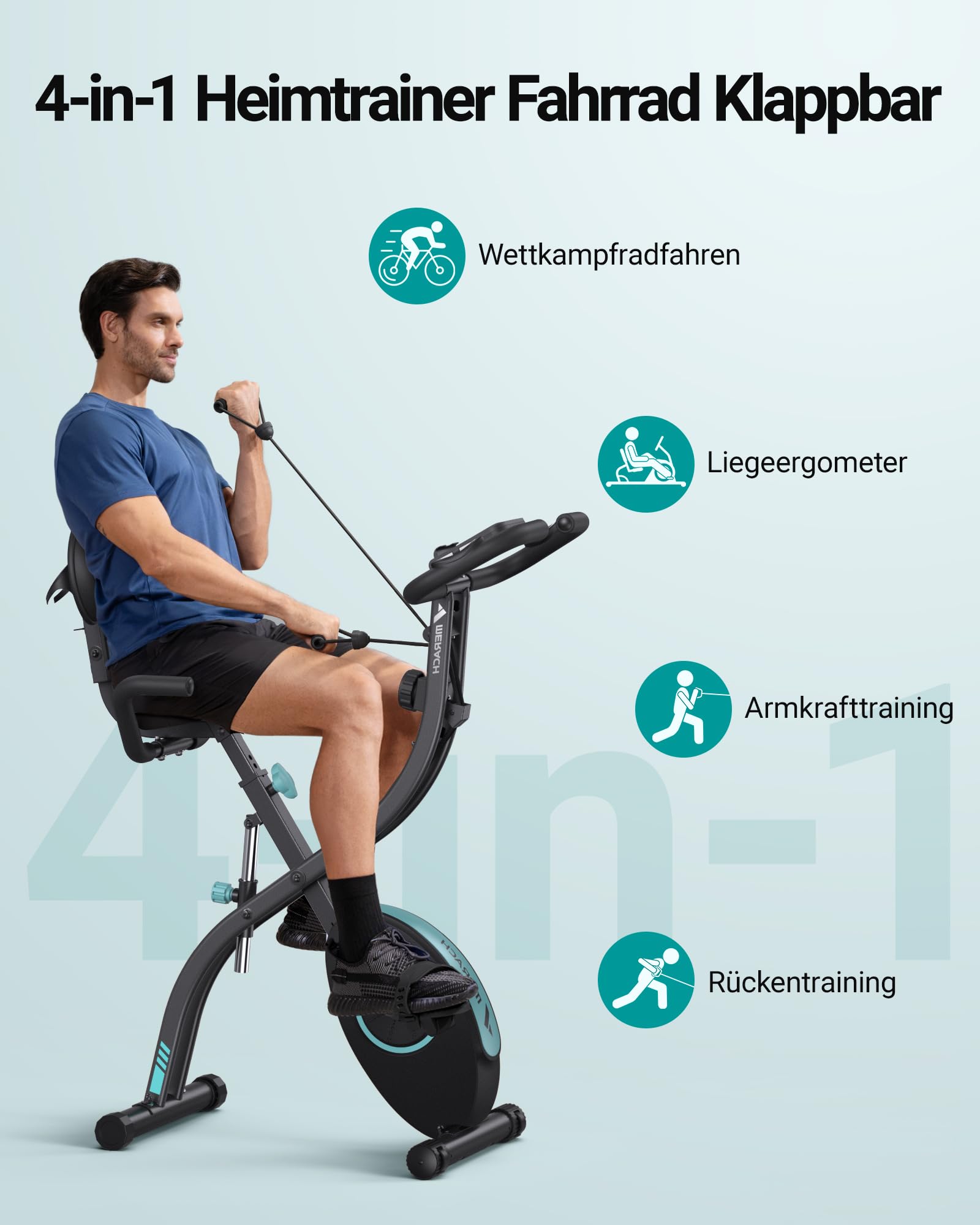 MERACH 4-in-1 Heimtrainer Klappbar, Hometrainer Fahrrad mit LCD Monitor und Handpulsmessung, Magnetisches Ergometer Fitnessbikes mit Bequemem Sitzkissen, 16-Stufiger Magnetwiderstand, Platzsparend