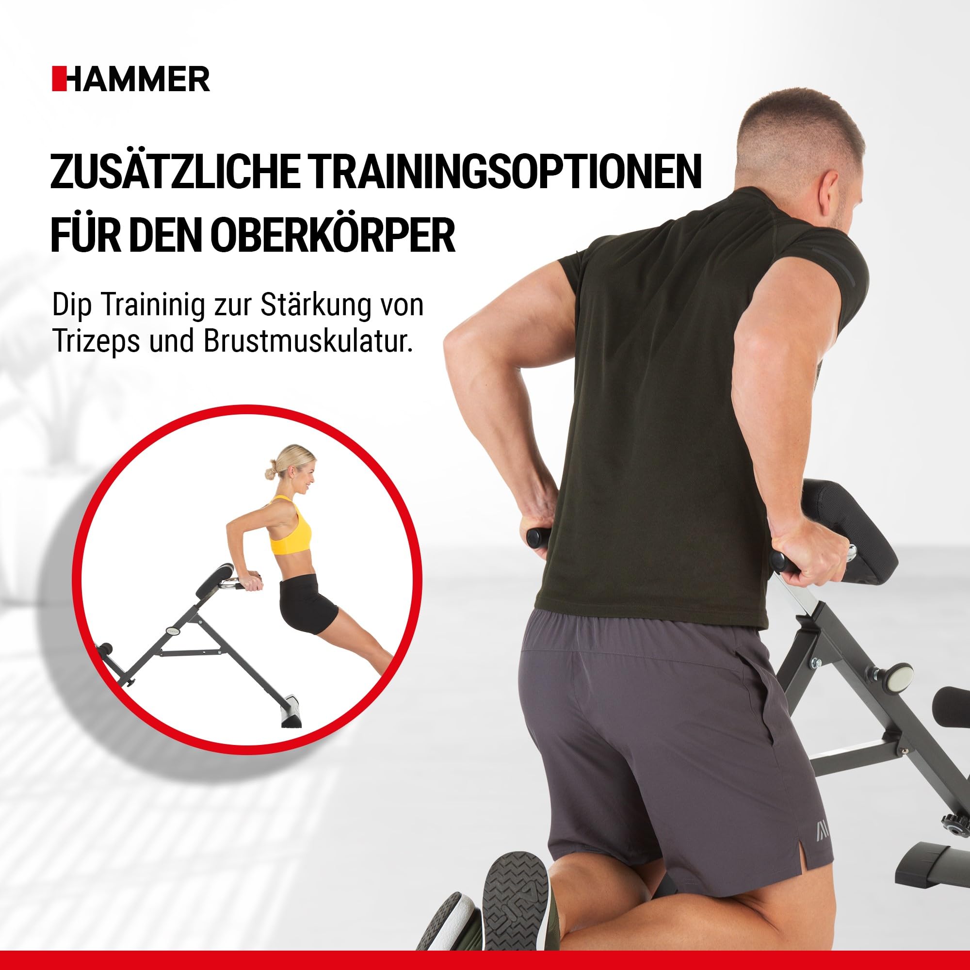 HAMMER Finnlo Bauch-/Rückentrainer Tricon, Hyperextensionsbank für einen gesunden Rücken, Dipstangen für straffe Arme, Training der schrägen Bauchmuskulatur, Stärkung des Rückenstreckers