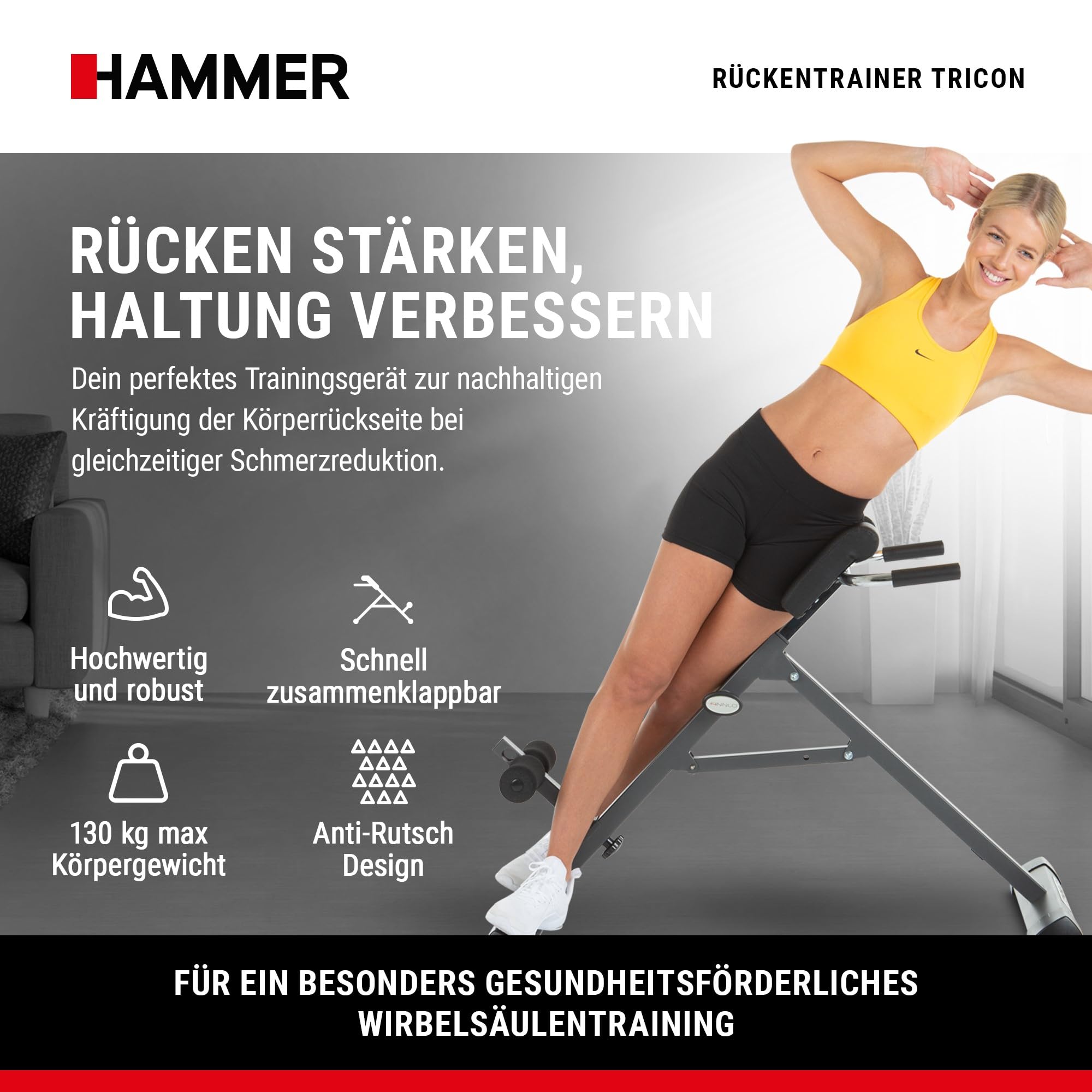 HAMMER Finnlo Bauch-/Rückentrainer Tricon, Hyperextensionsbank für einen gesunden Rücken, Dipstangen für straffe Arme, Training der schrägen Bauchmuskulatur, Stärkung des Rückenstreckers
