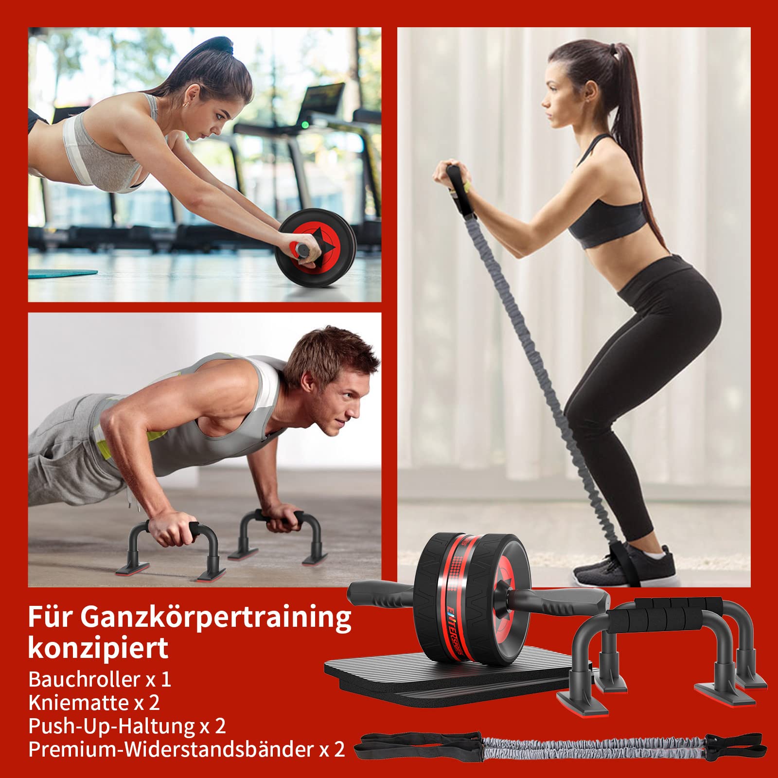 EnterSports Bauchroller Bauchmuskeltrainer, 6-in-1 Bauchtrainer mit Fitnessband, Liegestütze, Kniematte, Bauchtrainer für Zuhause,Fitness Geräte, Bauchmuskel roller, Gut für Heimtraining