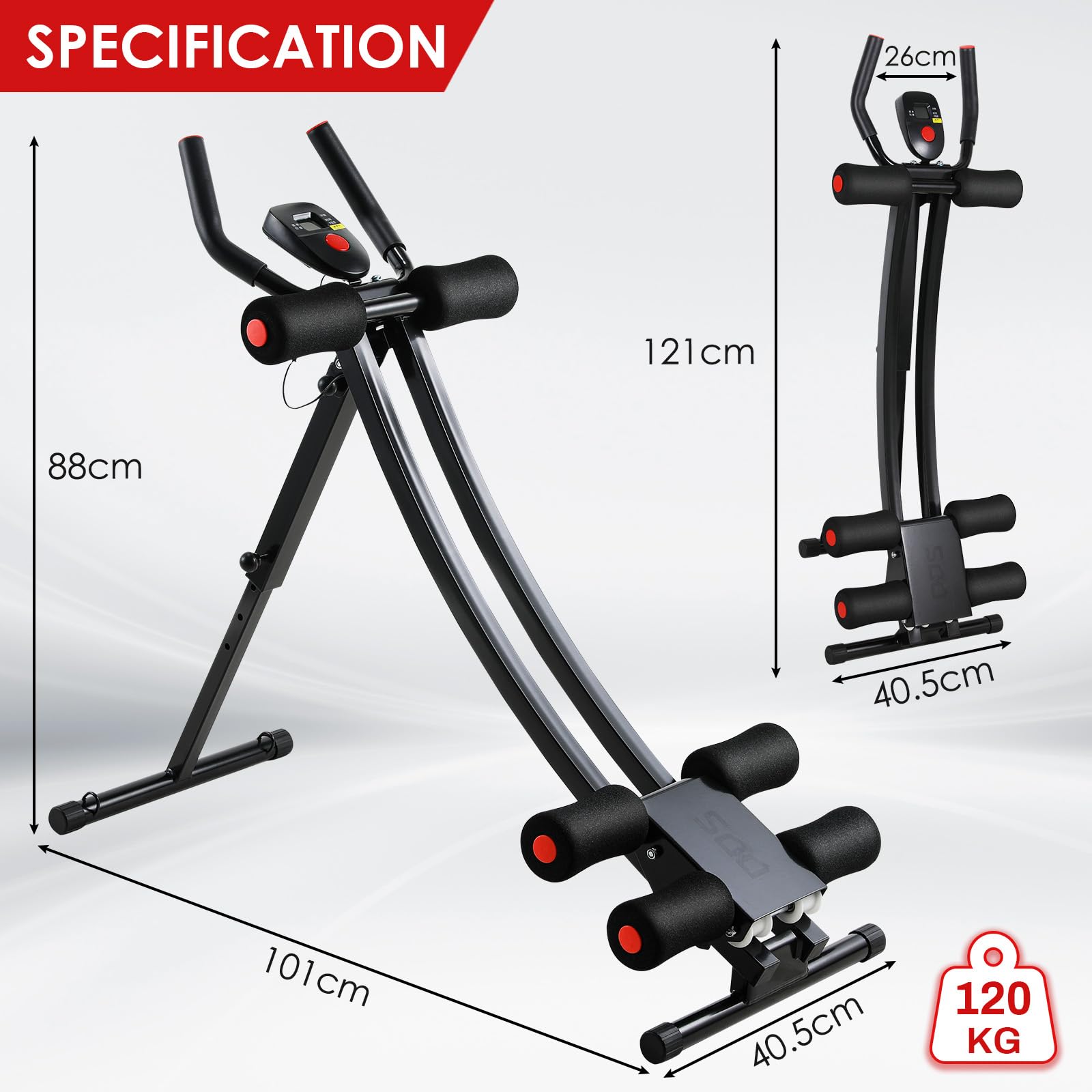 LIFERUN Bauchtrainer für zuhause, Klappbar und Platzsparend, mit LCD-Monitor, 4 stufigem Widerstand, AB Trainer Nutzergewicht bis 120kg, Bauchmuskeltrainer für Bauch, Arm, Bein und Rücken