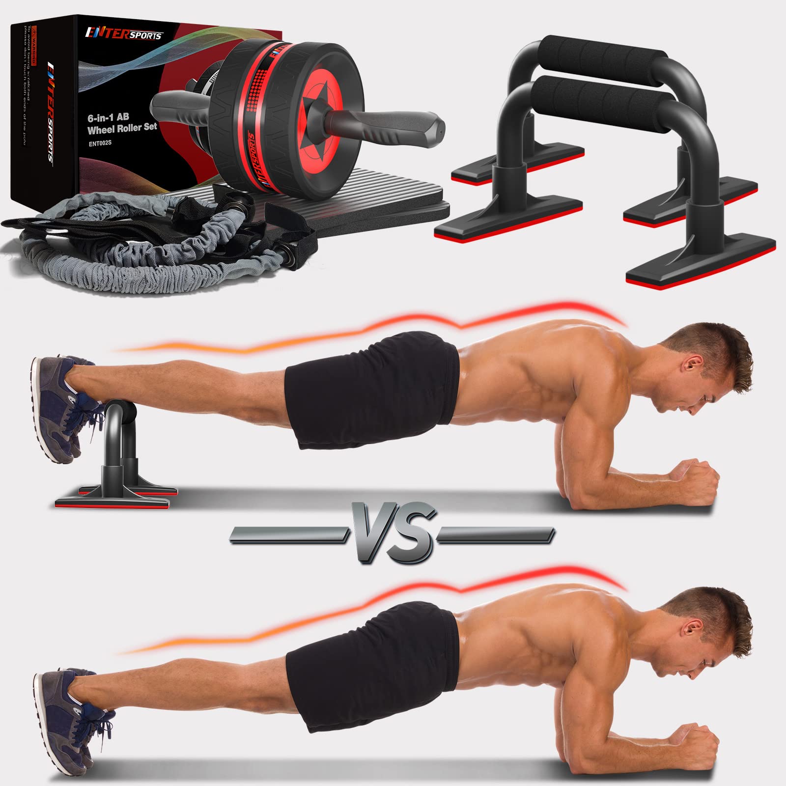 EnterSports Bauchroller Bauchmuskeltrainer, 6-in-1 Bauchtrainer mit Fitnessband, Liegestütze, Kniematte, Bauchtrainer für Zuhause,Fitness Geräte, Bauchmuskel roller, Gut für Heimtraining
