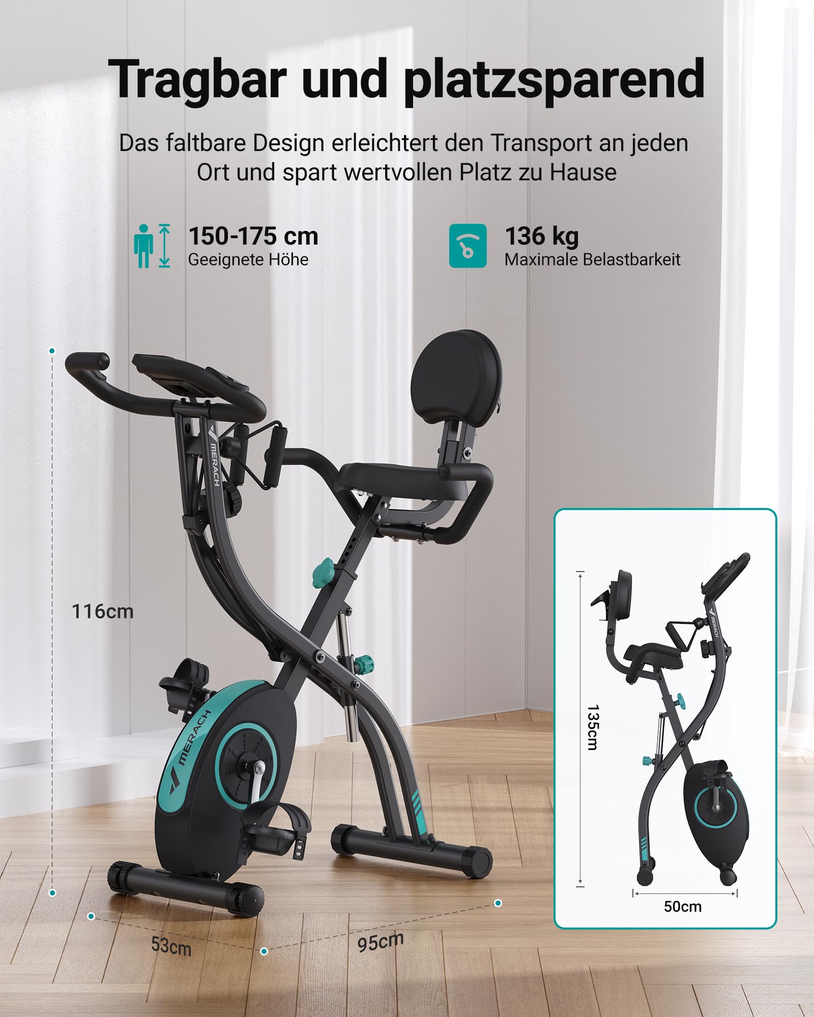 MERACH 4-in-1 Heimtrainer Klappbar, Hometrainer Fahrrad mit LCD Monitor und Handpulsmessung, Magnetisches Ergometer Fitnessbikes mit Bequemem Sitzkissen, 16-Stufiger Magnetwiderstand, Platzsparend