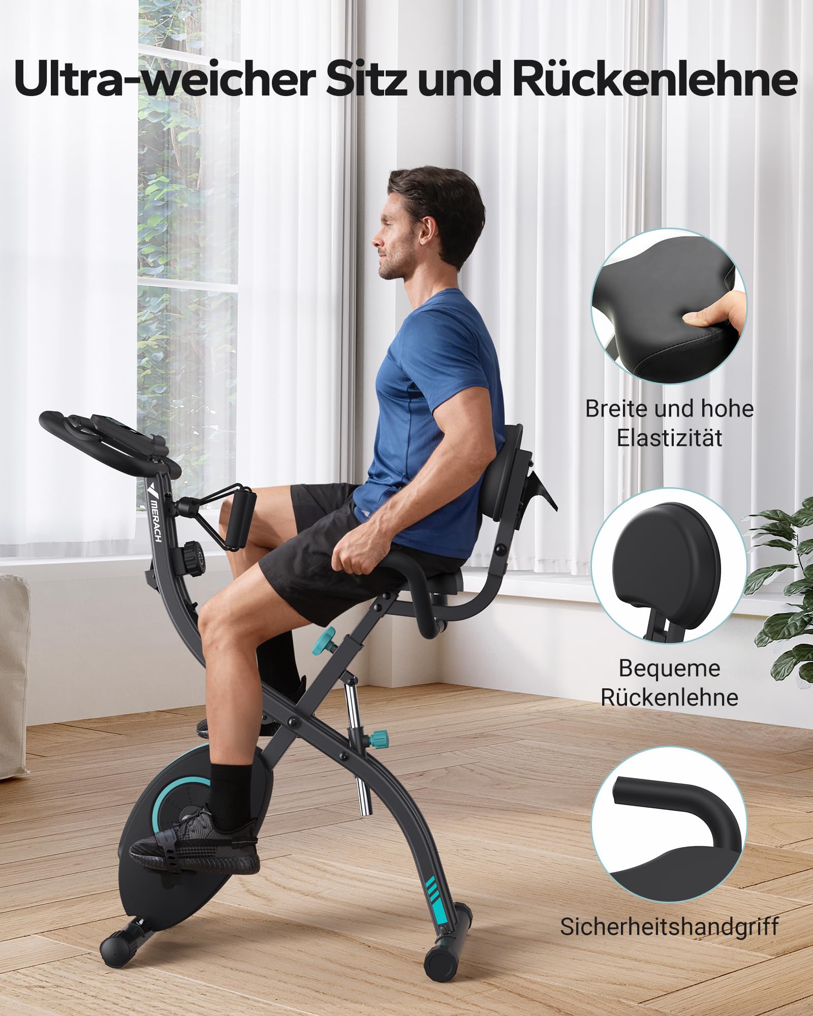 MERACH 4-in-1 Heimtrainer Klappbar, Hometrainer Fahrrad mit LCD Monitor und Handpulsmessung, Magnetisches Ergometer Fitnessbikes mit Bequemem Sitzkissen, 16-Stufiger Magnetwiderstand, Platzsparend