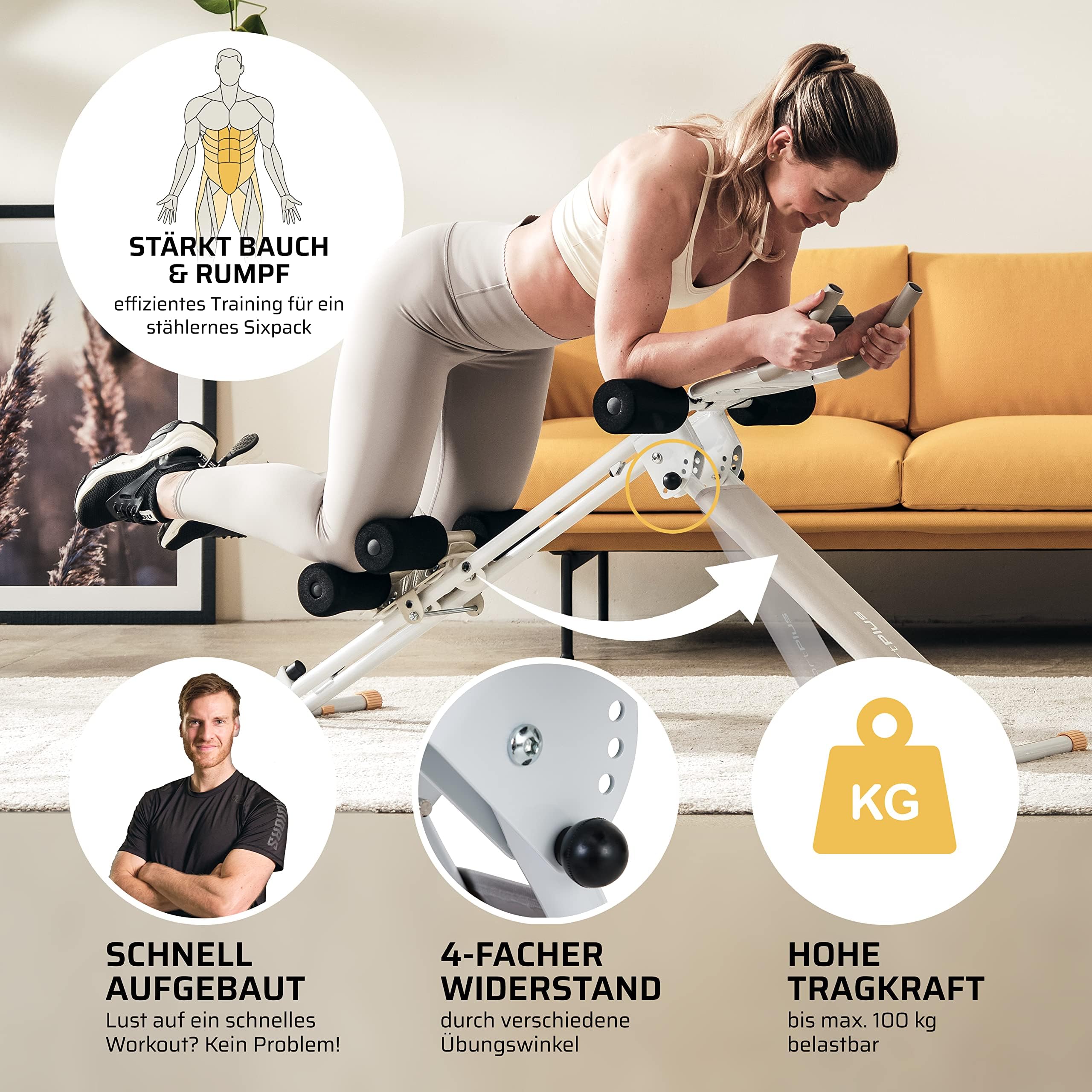 SportPlus Bauchtrainer für zuhause klappbar - Bauchmuskeltrainer, Bauchroller mit 3 oder 4 Trainingswinkeln - Bauch Trainingsgerät bis 100kg