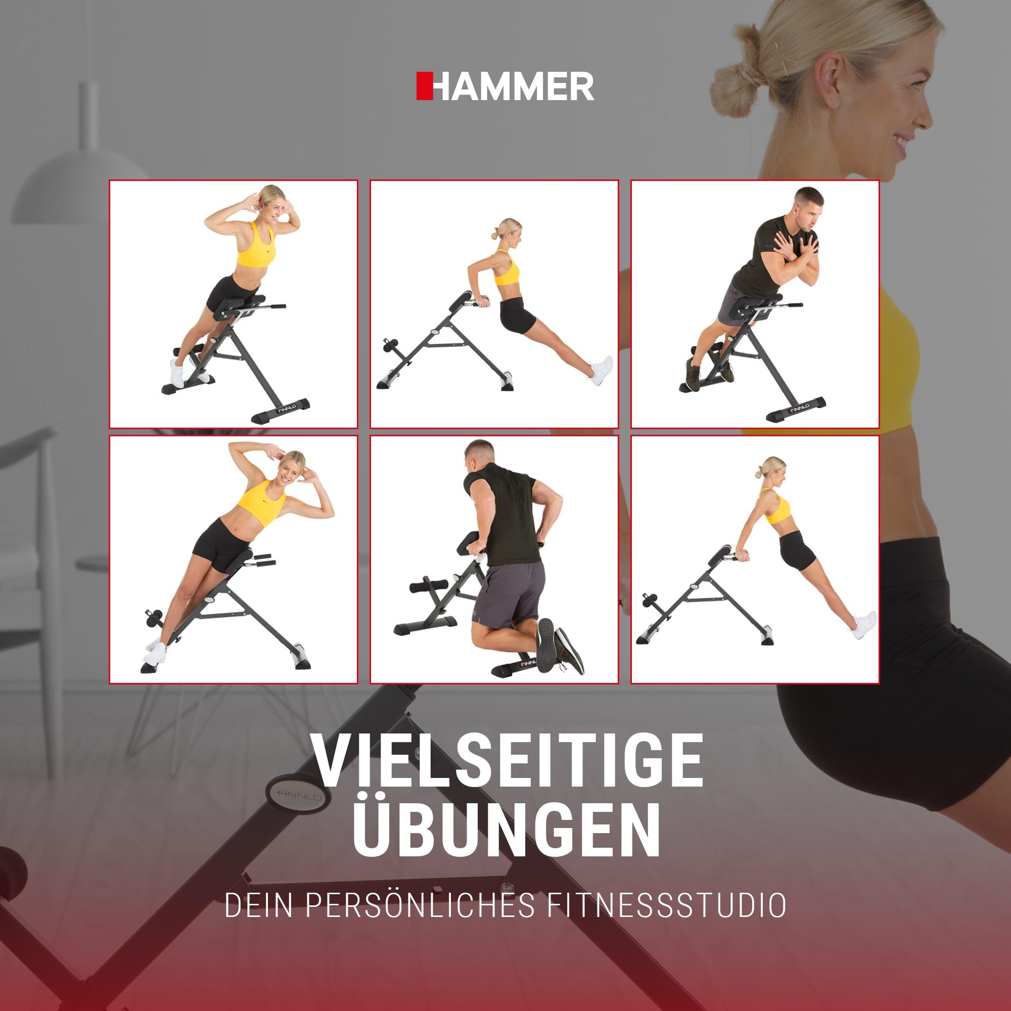 HAMMER Finnlo Bauch-/Rückentrainer Tricon, Hyperextensionsbank für einen gesunden Rücken, Dipstangen für straffe Arme, Training der schrägen Bauchmuskulatur, Stärkung des Rückenstreckers