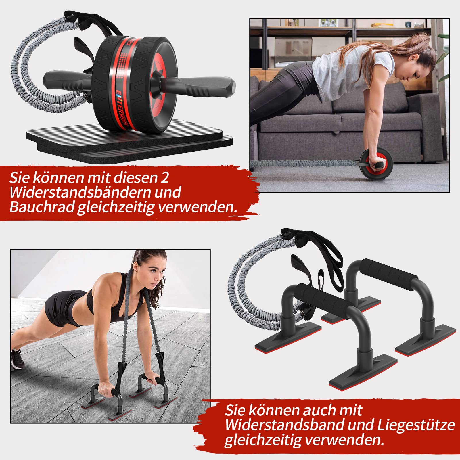 EnterSports Bauchroller Bauchmuskeltrainer, 6-in-1 Bauchtrainer mit Fitnessband, Liegestütze, Kniematte, Bauchtrainer für Zuhause,Fitness Geräte, Bauchmuskel roller, Gut für Heimtraining